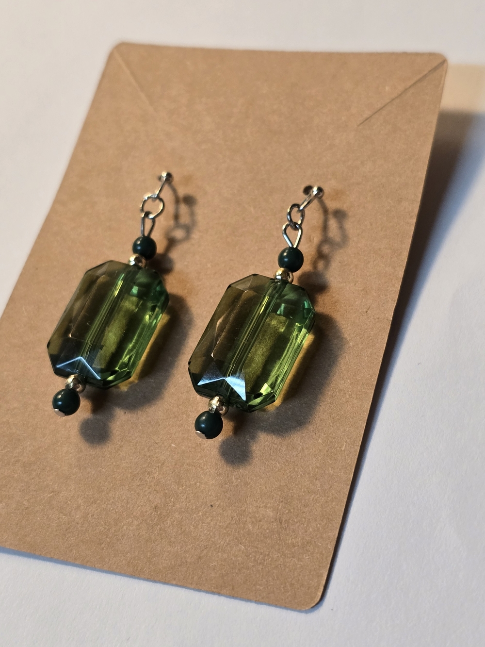 Dark Green Faceted Glass Drop Earrings - Handmade